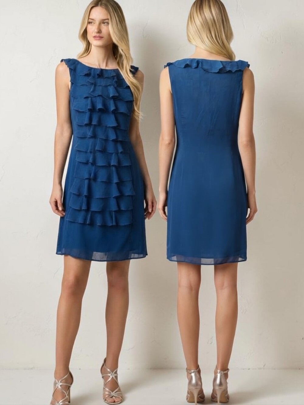 ADRIANNA PAPELL Blue Tiered Ruffle Chiffon Sheath Cocktail Dress - Size 16